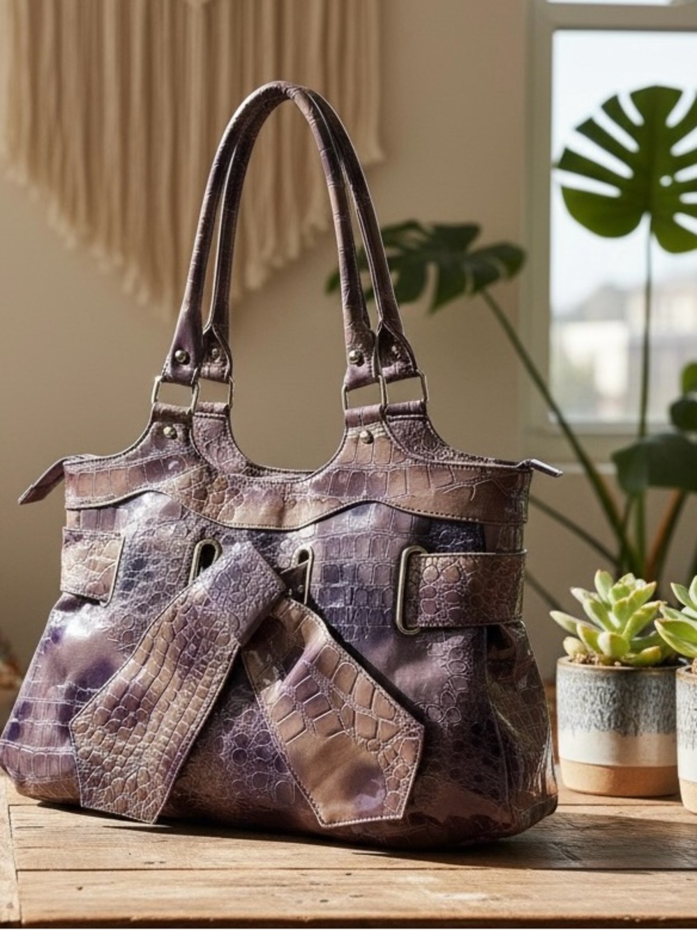 Maurices Purple Croc-Embossed Bow Shoulder Bag
